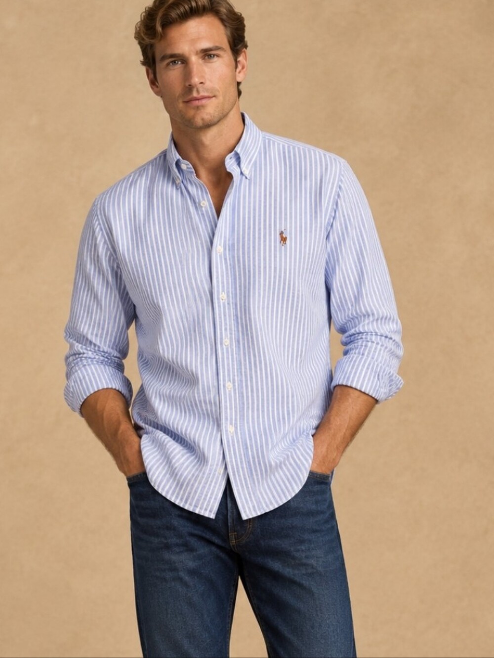 $140 Ralph Lauren Oxford Stripe Shirt Pony Blue Cotton
